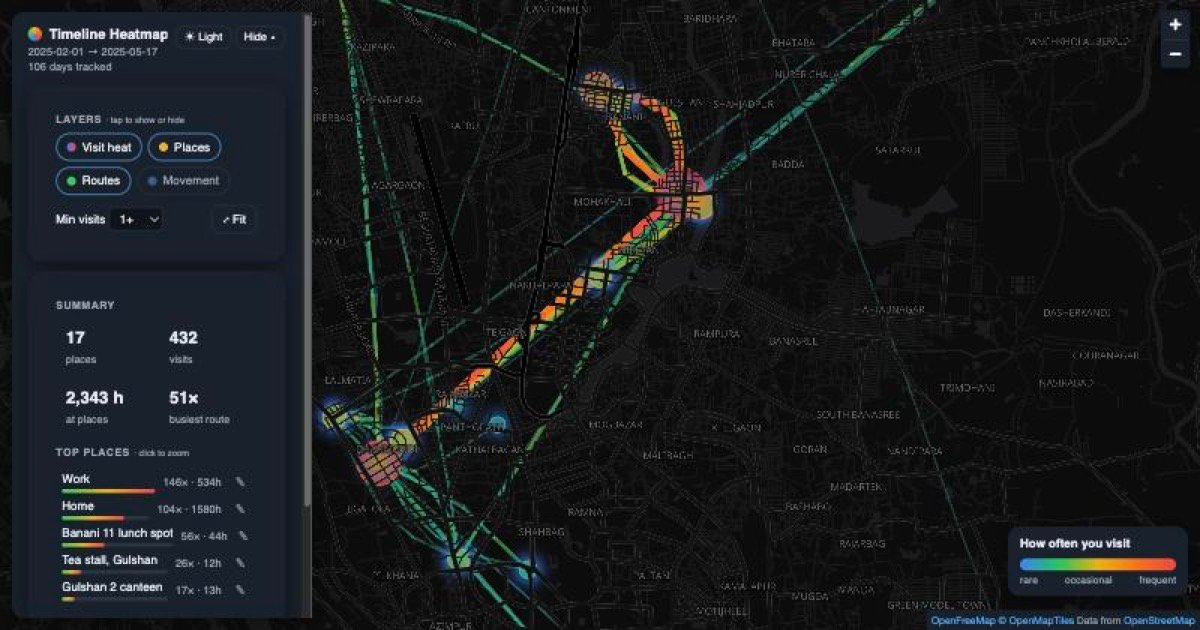 See where you actually spend your time: your Google Maps Timeline as a heatmap, processed entirely i